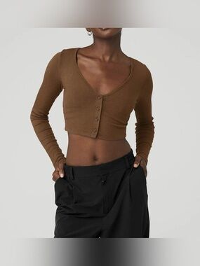 Alo Yoga Ribbed Cropped Whisper Cardigan Long Sleeve Button Up Size S Espresso